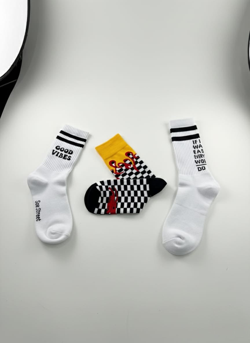 Not Easy + Good Vibes Everyday + Scorpion Blaze Checker Socks Combo ( pack of 3 )